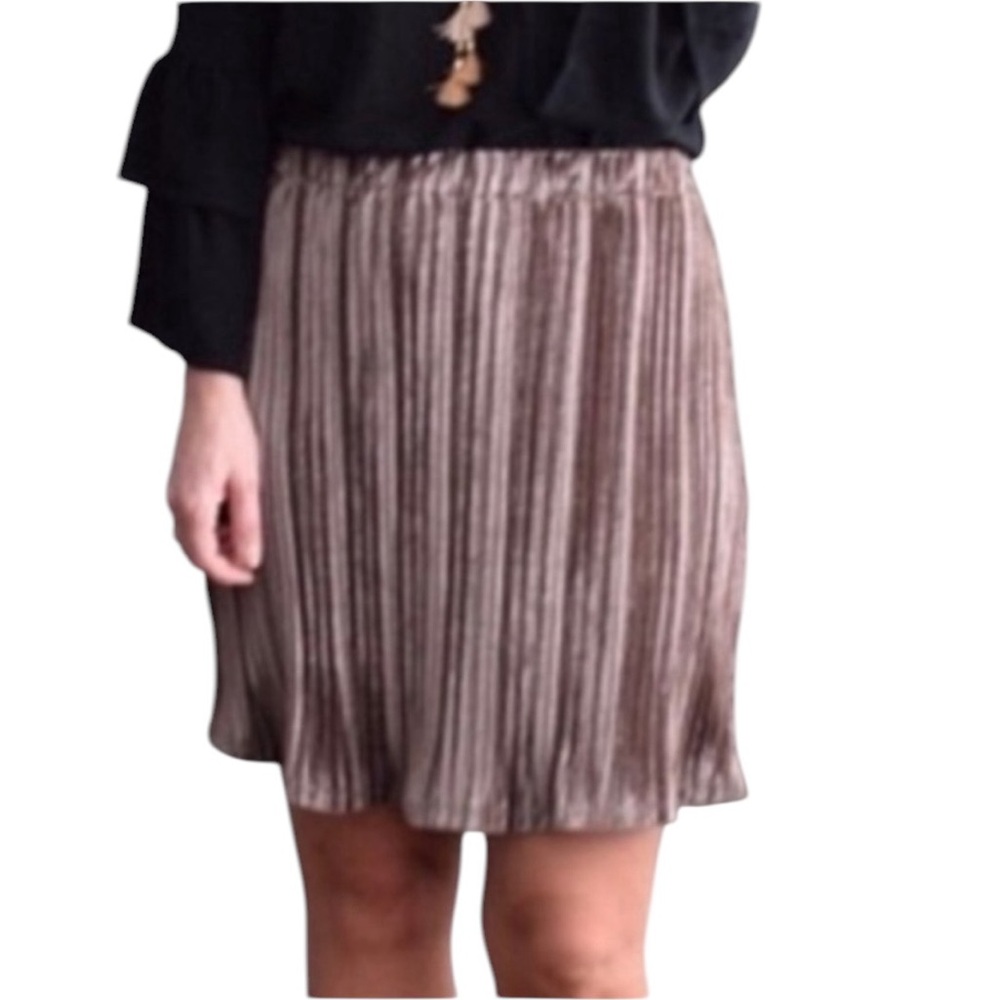 THML PLEATED VELVET STRETCHY PULLON MAUVE BROWN SHIMMER MINI SKIRT LP